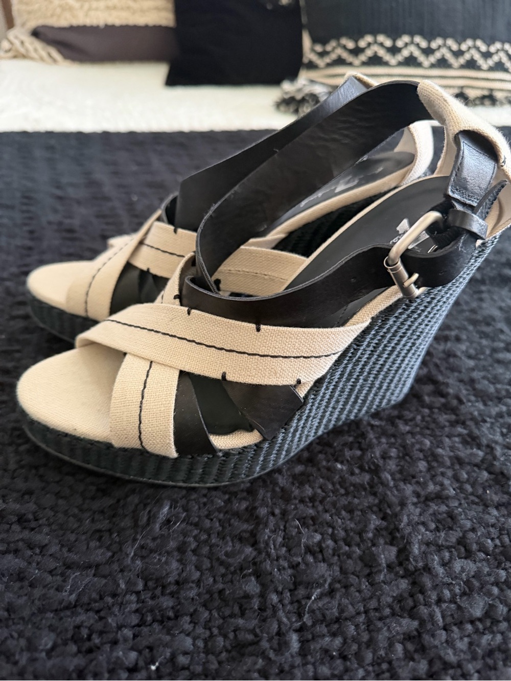 7 For All Mankind Beige and Black Wedge Sandals